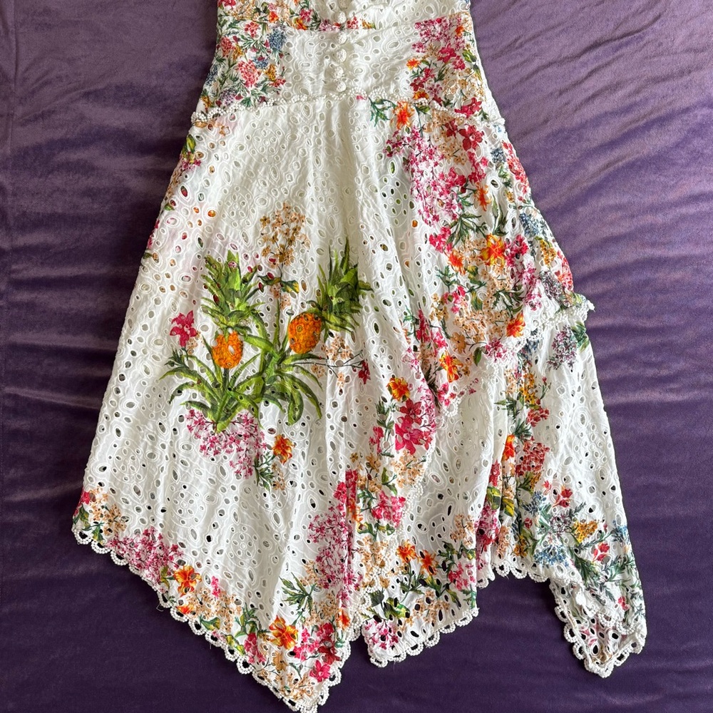 FARM RIO Delicate Forest Scarves Midi Dress XS Eyelet Lace Asymmetric Hi Low - Picture 11 of 14
